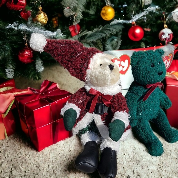 Ty Beanie Babies 2001 HOLIDAY TEDDY Green & 2000 Christmas Red Santa 8" Plush - Picture 2 of 15